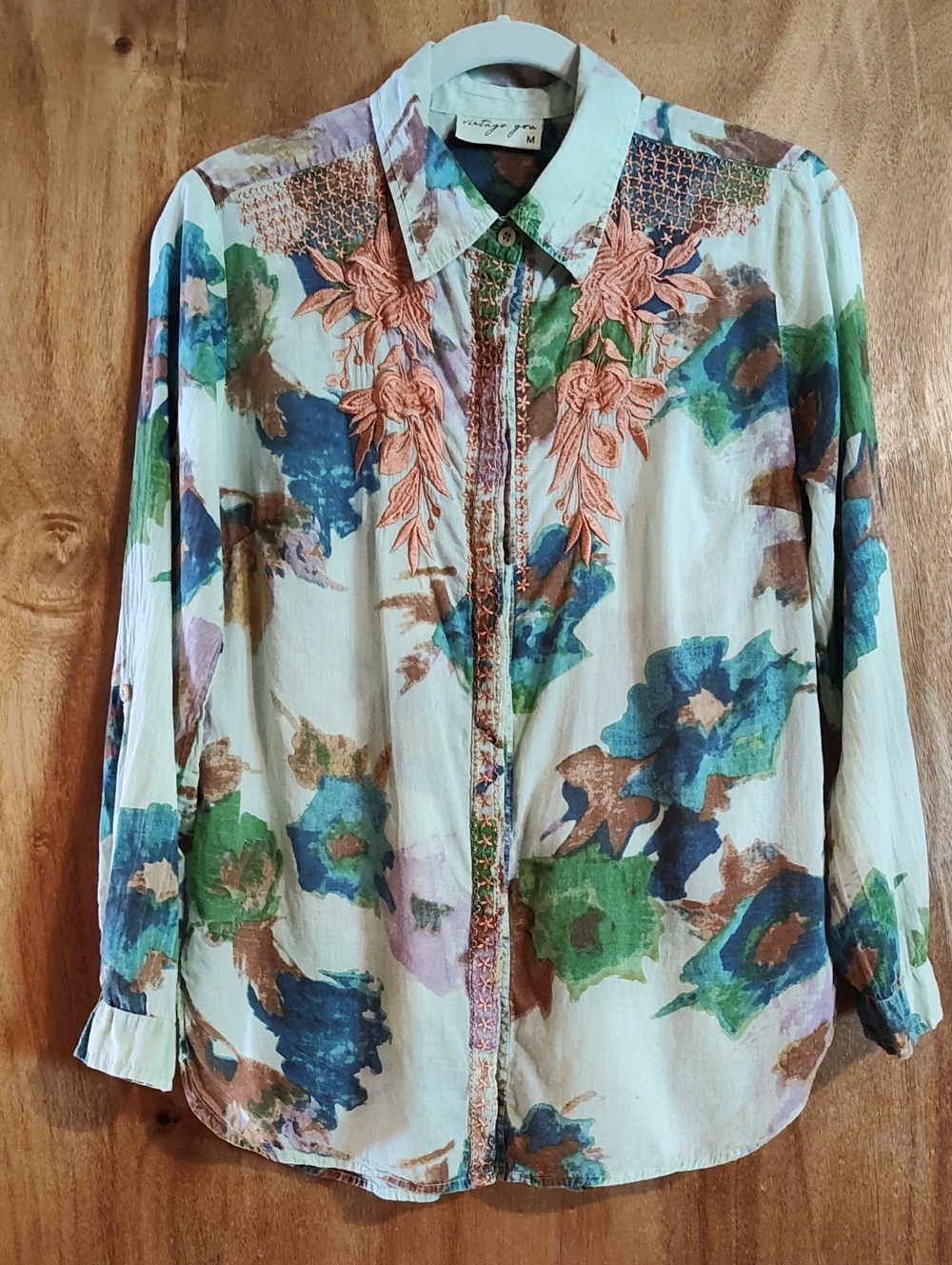 Vintage Goa Embroidered Blouse Pale Green Floral Velvet Melon *See Flaws* M